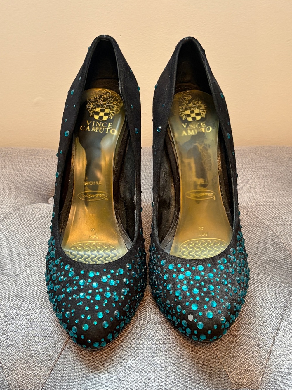 Vince Camuto Black Pointed-Toe Pumps with Teal Crystal Embellishments